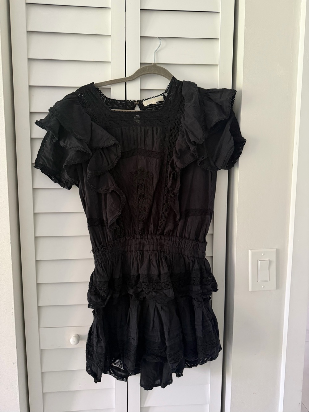 Love shack fancy Natasha Black Ruffle Casual Women's Dress with Lace Trim